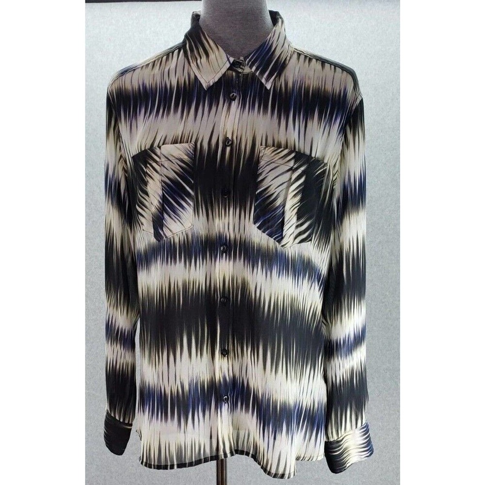 Guess Los Angeles Button Up Top Sheer Womens Size L Black Multi Abstract Print